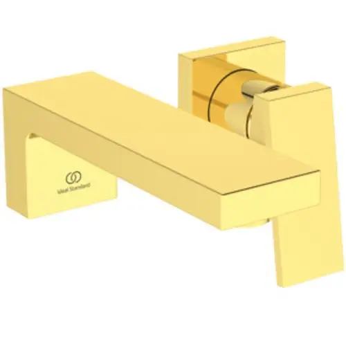 Wand-Wascharmatur in Gold mit gerade Linien und einfacher Form. Das Produkt stammt von der Marke Ideal Standard, sichtbar auf der Frontseite.